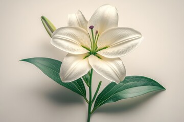 Fototapeta premium Easter Lily Bloom with Long Green Leaves on White Background, Detailed Texture and Full Blossom.