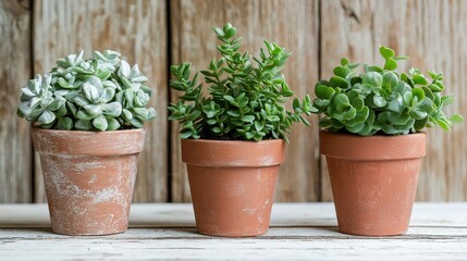 Fototapeta premium Three Unique Potted Plants Arranged on Wooden Table Background