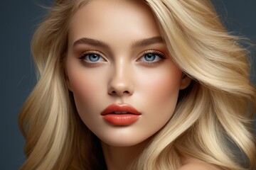 Naklejka premium blond woman with blue eyes and bright makeup posing for a picture