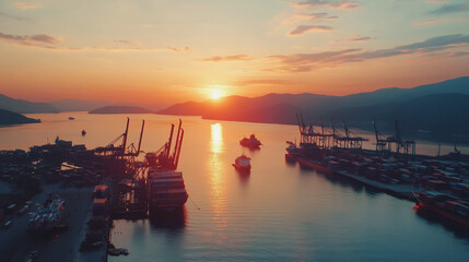 Fototapeta premium Container truck in ship port for business Logistics and transportation of Container Cargo ship and Cargo plane with working crane bridge in shipyard at sunrise, logistic import export and transport
