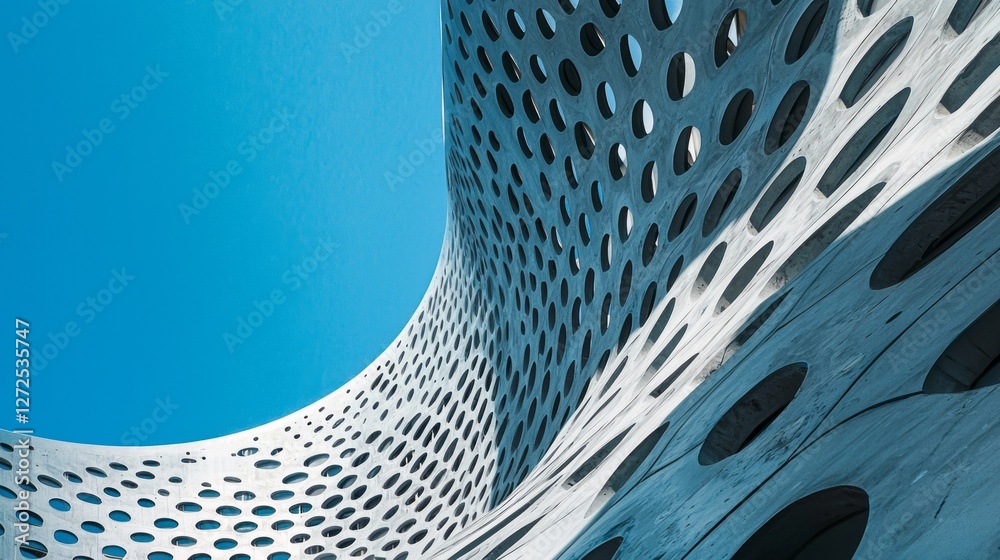 Poster dynamic curves of a modern building rise upward, revealing intricate patterns of circular cutouts. a