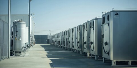Industrial-grade hydrogen tanks at a power plant, emphasizing clean and efficient energy solutions
