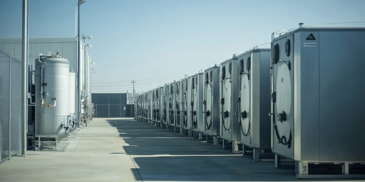 Industrial-grade hydrogen tanks at a power plant, emphasizing clean and efficient energy solutions
