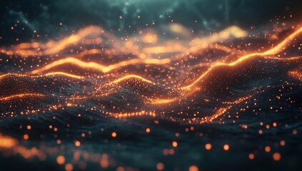 Obraz premium Glowing Particle Waves Dance Across Dark Surface, Abstract Digital Art Background with Vivid Colors and Dynamic Motion, Mesmerizing Visual Effects Showcase.
