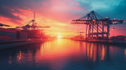 Obraz premium Container truck in ship port for business Logistics and transportation of Container Cargo ship and Cargo plane with working crane bridge in shipyard at sunrise, logistic import export and transport