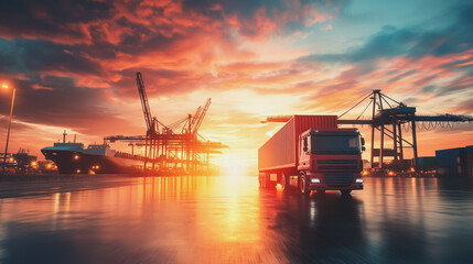 Obraz premium Container truck in ship port for business Logistics and transportation of Container Cargo ship and Cargo plane with working crane bridge in shipyard at sunrise, logistic import export and transport