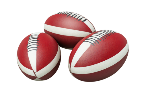 Group of red and white American footballs arranged in a pile isolated on a transparent background