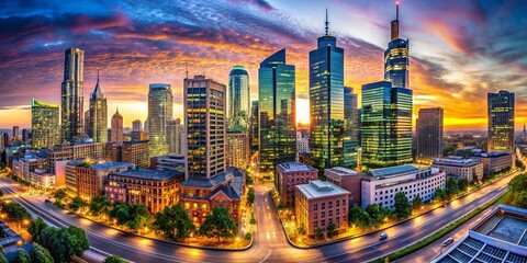 Panoramic Cityscape, Urban Skyline, 2014, Modern Architecture, Retro Futuristic