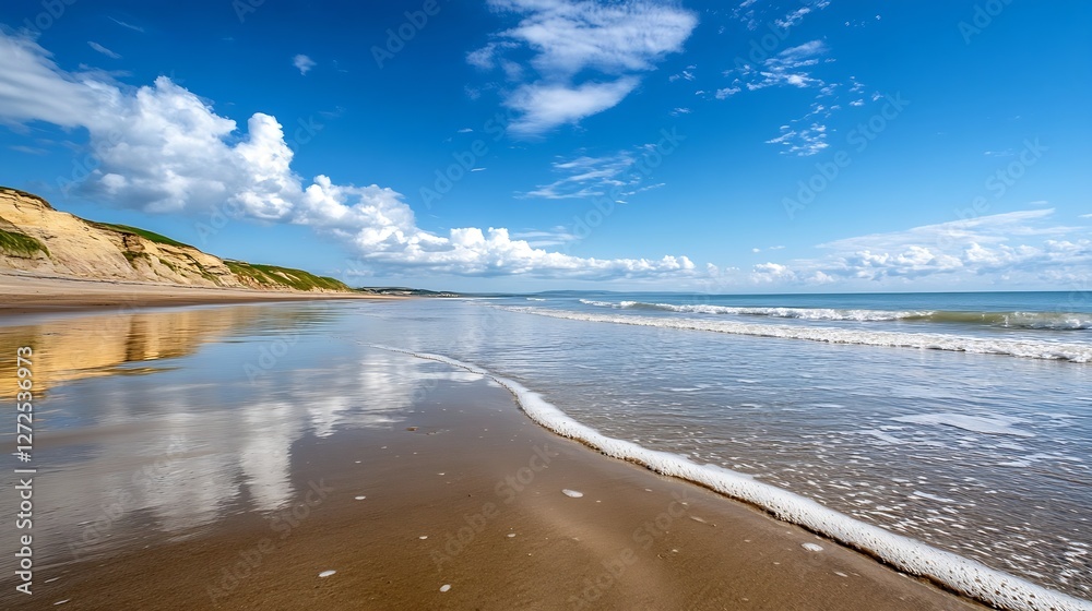 Aufkleber scenic beach with soft waves reflecting blue sky and beautiful clouds : generative ai