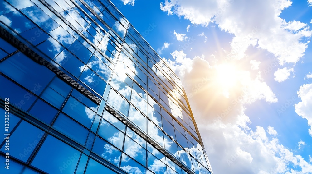 Poster Skyscraper buildings reflecting clouds and blue sky during the day with sunlight shining : Generative AI