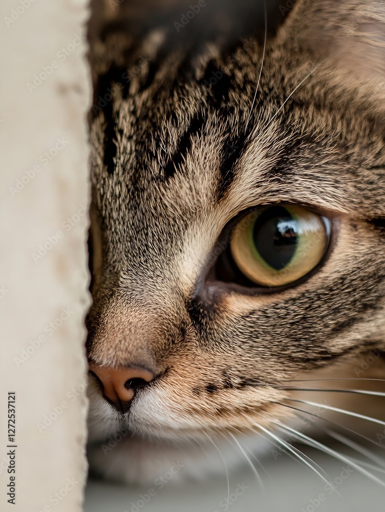 Poster Close Up of Playful Tabby Cat Eye Peeking from Behind a Wall with Intriguing Expression : Generative AI