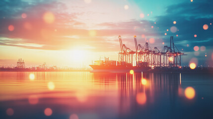 Container truck in ship port for business Logistics and transportation of Container Cargo ship and Cargo plane with working crane bridge in shipyard at sunrise, logistic import export and transport