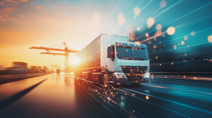 Container truck in ship port for business Logistics and transportation of Container Cargo ship and Cargo plane with working crane bridge in shipyard at sunrise, logistic import export and transport