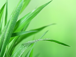 Obraz premium Fresh dewy grass blades close-up, blurred green background