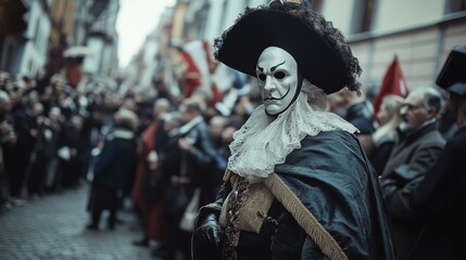 Assassination attempt during a royal parade. Featuring a figure disguised as a spectator