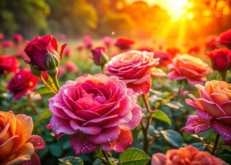 Obraz premium Panoramic Dew-Kissed Roses: Vibrant Petals in a Garden Paradise