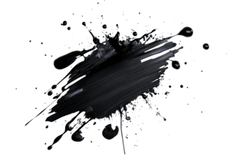 Black paint splatter with thick brush stroke effect isolated on a transparent background