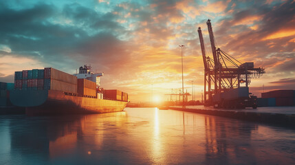 Fototapeta premium Container truck in ship port for business Logistics and transportation of Container Cargo ship and Cargo plane with working crane bridge in shipyard at sunrise, logistic import export and transport