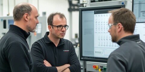 Technical discussion on the factory floor, focusing on electronics production data and quality assurance