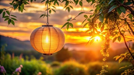 Fototapeta premium Golden Hour Serenity Illuminated Paper Lantern Hanging from a Tree Branch at Sunset, Backlit by Warm Rays of the Sun
