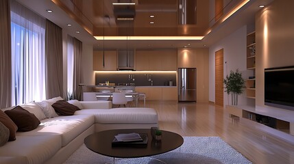 Modern bright living room with stylish furniture and spacious kitchen design for contemporary homes : Generative AI