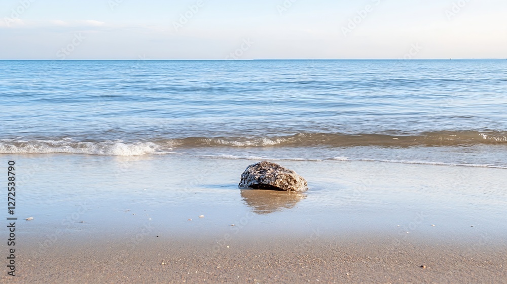 Aufkleber tranquil seaside scene with gentle waves and a single rock on sandy shore : generative ai