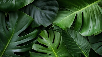 Lush green tropical leaves arranged artistically showcasing texture and variety in natural light : Generative AI