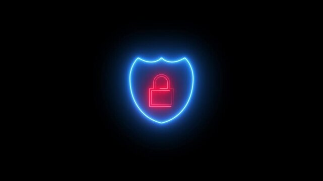 Glowing neon line Shield security with lock icon,  data protection animation  password security. Firewall access privacy sign. 4K Video motion graphi