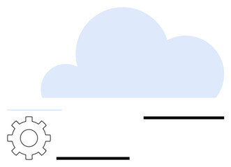 Gear icon symbolizing settings and customization, blue cloud shape for cloud storage, and horizontal black lines denoting data flow. Ideal for technology, data management, innovation, cloud services