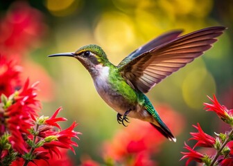Obraz premium Panoramic Hummingbird in Flight Near Red Flower - Vibrant Nature Photography