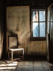 Fototapeta premium Rustic Wooden Chair in a Dimly Lit Aged Room