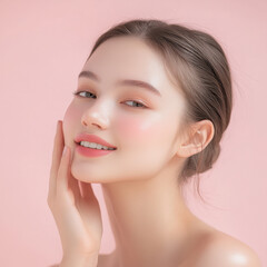 Obraz premium Young Woman with Smooth Skin, Low Ponytail, Light Pink Lipstick, Gently Touching Cheek, White Skincare Products, Soft Lighting, Transparent Background – Ideal for Beauty and Skincare Ads