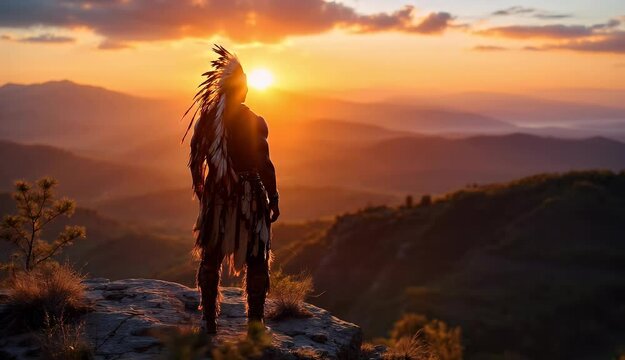 A majestic Native American man in full headdress silhouetted against a breathtaking sunset over vast mountains.