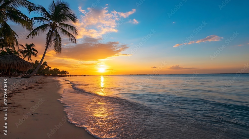 Aufkleber serene tropical beach sunset with palm trees and calm waters : generative ai