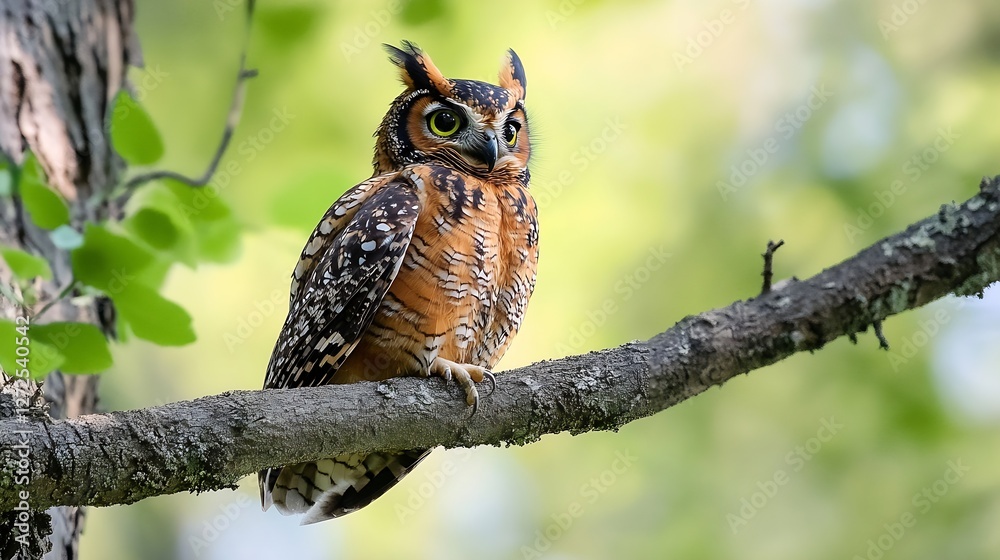 Poster stunning close up of an owl with striking features perched on a tree branch : generative ai