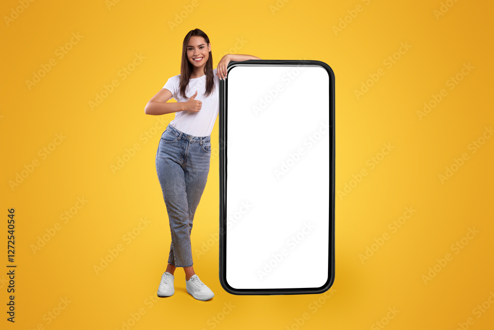 Poster cool mobile offer. happy casual lady leaning on huge cellphone with empty white screen, showing thum