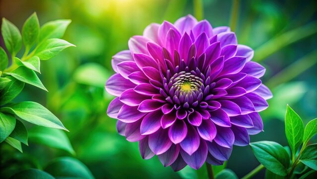A vibrant purple dahlia blossom, showcasing its intricate layers and rich color, nestled amongst lush green foliage in a sunlit garden.