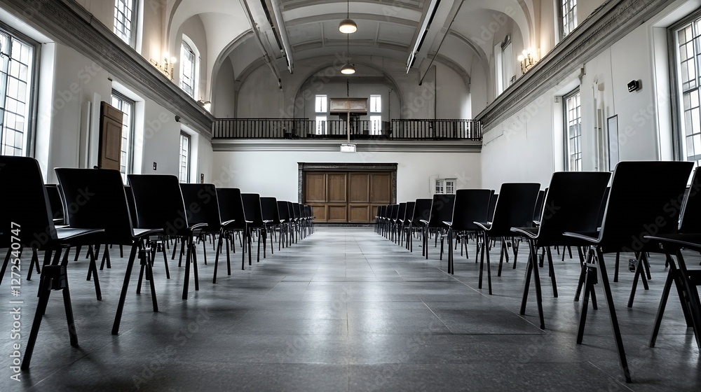 Poster Empty Hallway with Rows of Black Chairs and Striking Architectural Features : Generative AI
