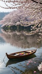 Obraz premium Wooden Boat Floating on Lake Under Cherry Blossoms in Springtime