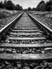Perspective View of Train Tracks Leading to a Horizon on a Gloomy Day : Generative AI