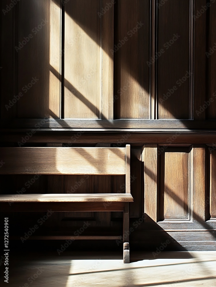 Poster Natural Light Streaming Through Wood Paneling Creating Shadows on the Bench : Generative AI