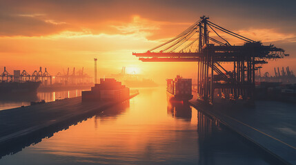 Container truck in ship port for business Logistics and transportation of Container Cargo ship and Cargo plane with working crane bridge in shipyard at sunrise, logistic import export and transport