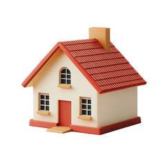 Simple small house with red roof and chimney on a raised foundation isolated on a transparent background