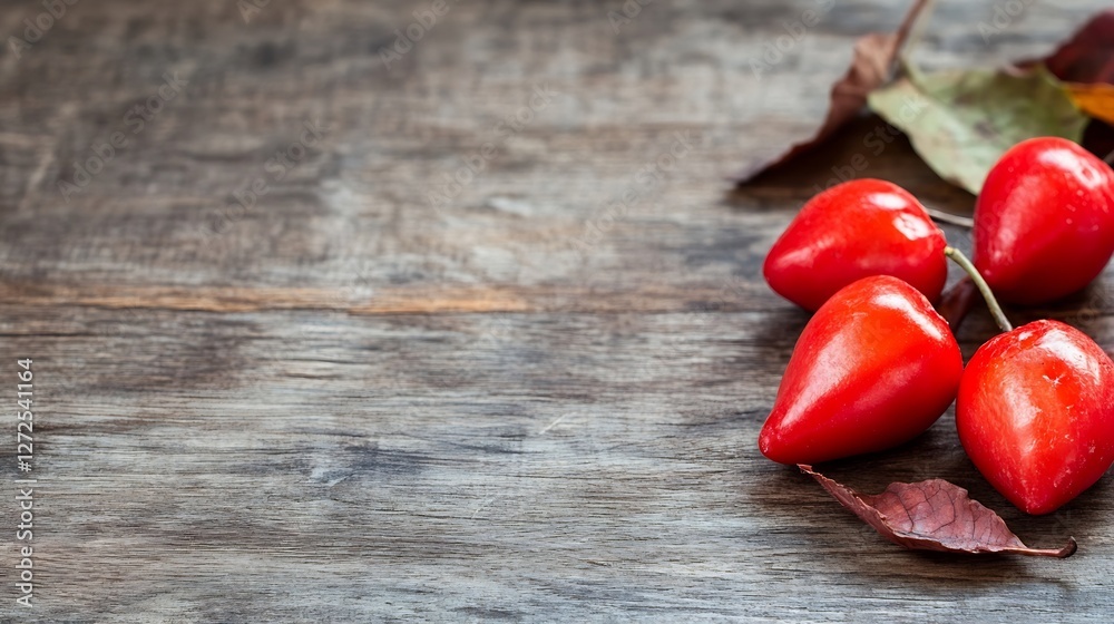Poster fresh ripe vibrant red fruits arranged on rustic wooden background with autumn leaves : generative a