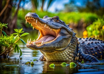 Fototapeta premium Panoramic Photo: Alligator Hissing Warning in Swamp
