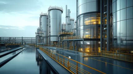 Obraz premium Modern industrial complex at dawn, featuring large metal tanks, walkways, and glass office buildings reflecting the sky.