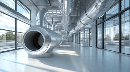 Modern industrial interior with large metal pipes and windows.