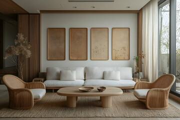 Modern minimalist living room, natural light, calm ambiance, wooden furniture, apartment interior design