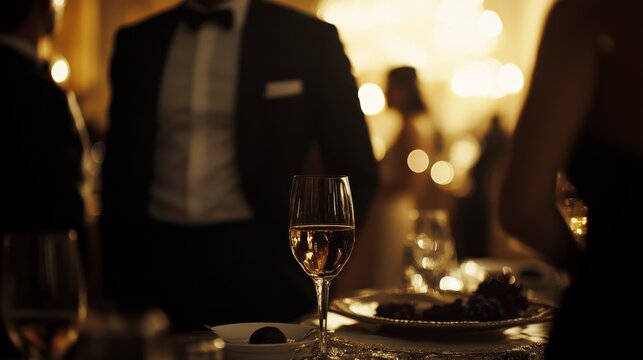 Assassination attempt during an exclusive black-tie event. Featuring a figure disguised as a waiter