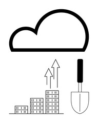 Cloud above buildings with upward arrows and a trowel. Ideal for growth, innovation, construction, technology, real estate, cloud computing, abstract line flat metaphor